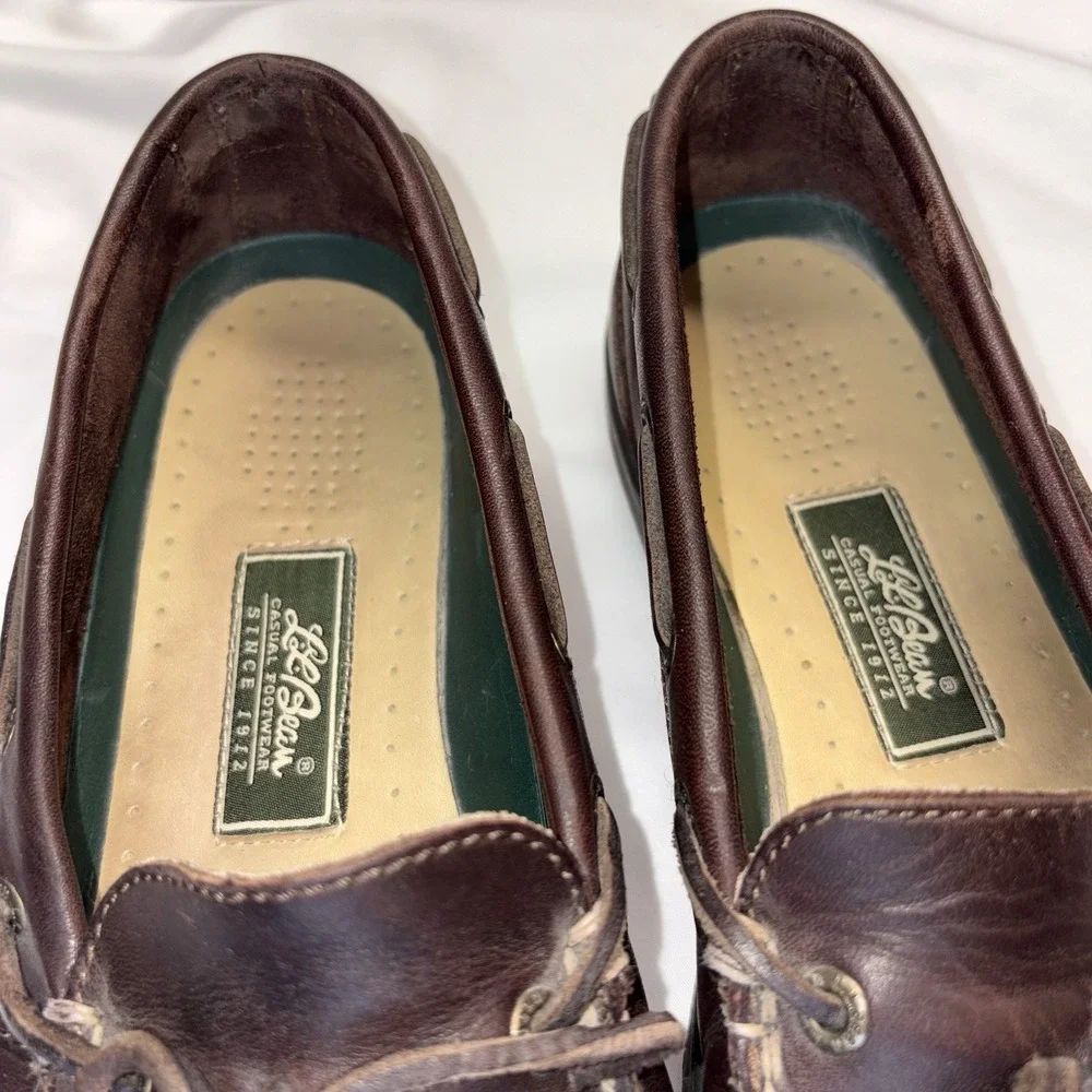 LL BEAN Camp Moc Loafers Boat Slip On Shoes Sz 9.5 Wide Brown Leather Dock Sider